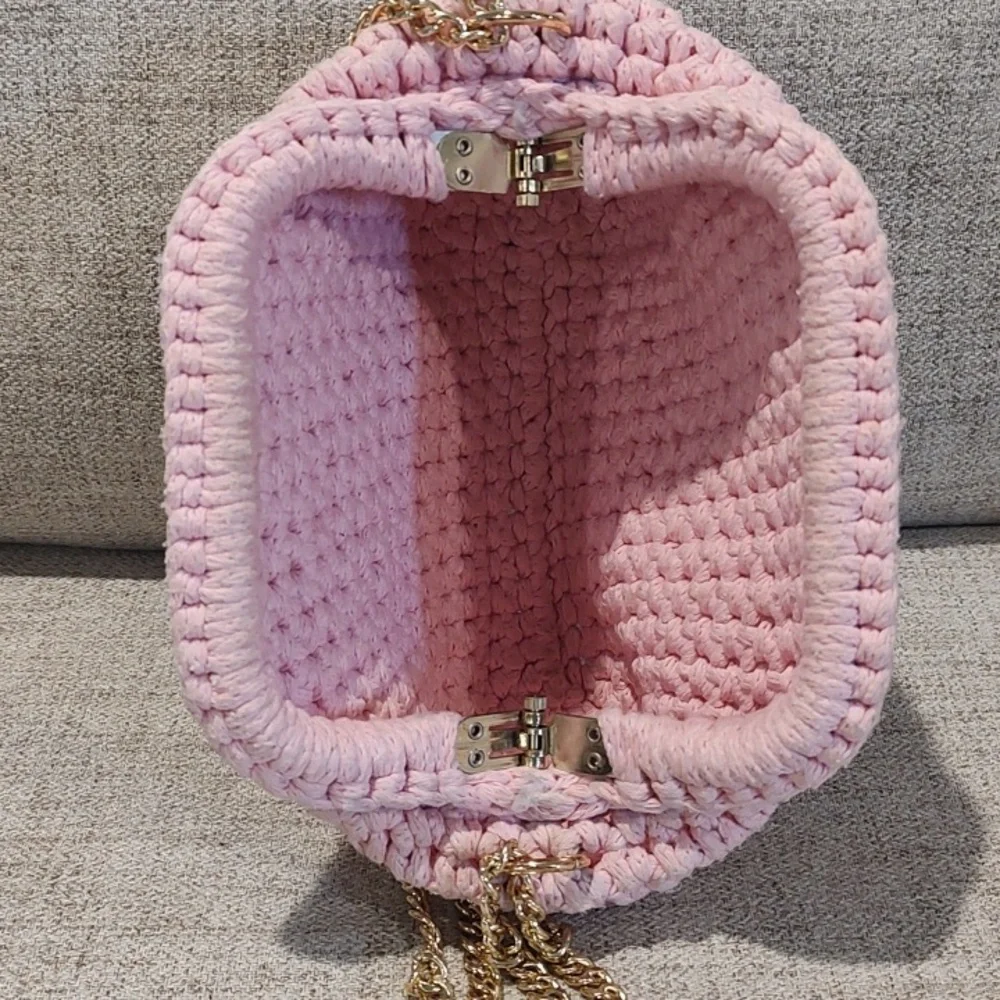 Martin Levin Handmade Crochet Woven Pink Bag w/Gold Hardware